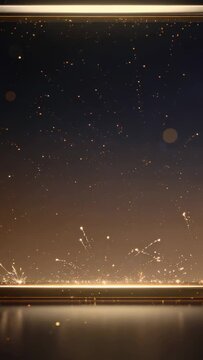 Vertical video: Starting fountains launching golden shells in metal-trim night frame, reflection