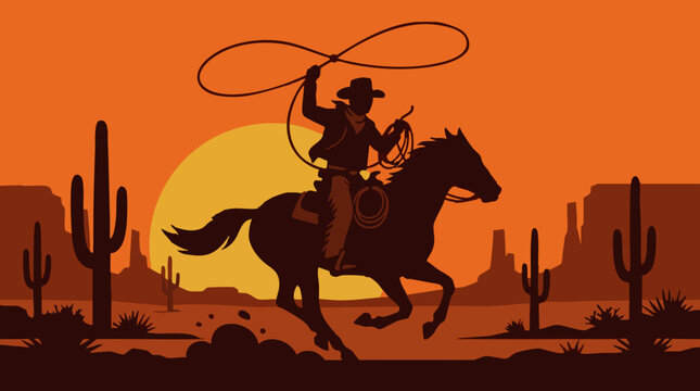 Silhouette of cowboy riding horse with lasso in western desert sunset