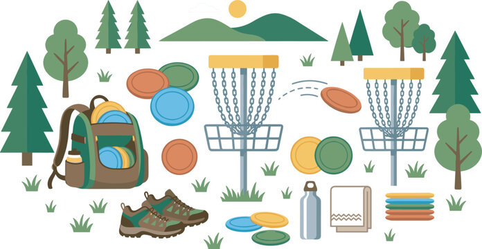 Disc golf sport equipment set flat vector illustration isolated on white background outdoor activity target basket bag flying discs