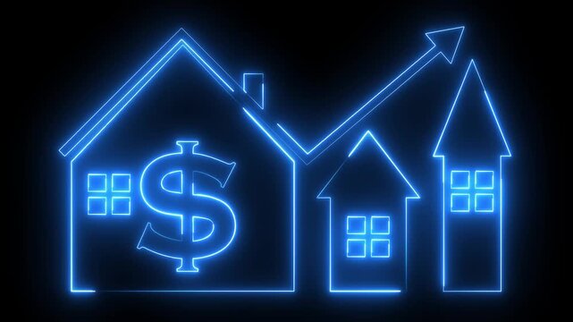 Glowing neon blue color business graph sign icon animation dollar money finance chart arrow report profit diagram investment success sign symbol on black background