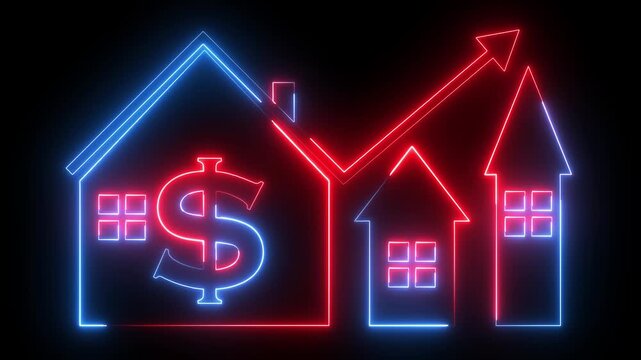 Glowing neon red and blue color business graph sign icon animation dollar money finance chart arrow report profit diagram investment success sign symbol on black background