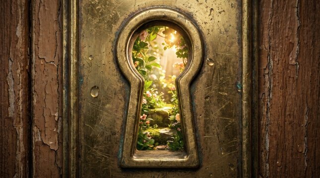 View of a bright sunlit secret garden path through an antique brass keyhole on an old weathered wooden door