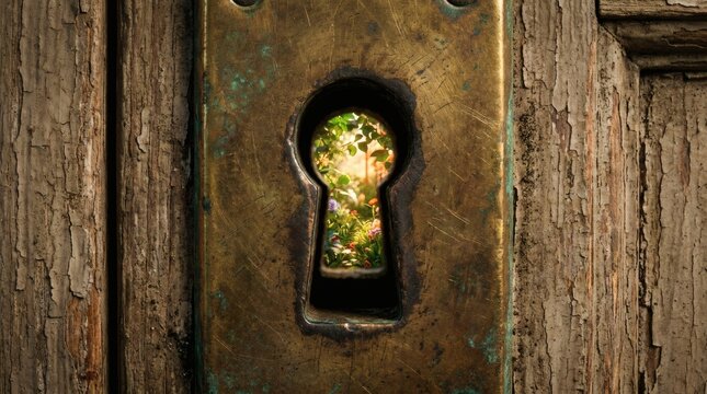 Close-up of a rustic keyhole in an old weathered wooden door revealing a vibrant, sunlit garden beyond.