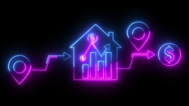 Glowing neon pink and blue color business graph sign icon animation dollar money finance chart arrow report profit diagram investment success sign symbol on black background