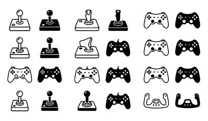 Set of gaming vector icons featuring joysticks gamepads controllers in outline and solid styles joystick controller entertainment hardware accessory steering interactive simulator © MSTSUFIA