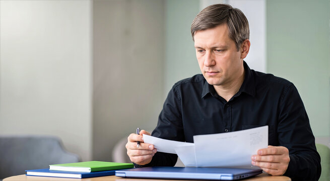 Focused man in black shirt reading paper contract and financial documents at desk with laptop. Professional businessman reviewing insurance policy, invoice, or legal agreement indoors