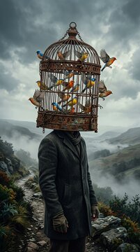 Surreal man with birdcage head releasing colorful flying birds.