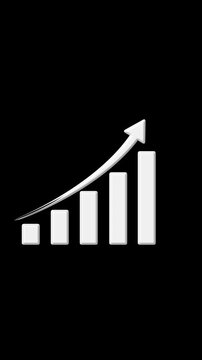 Chart animation lines track an upward arrow past a white three-dimensional bar graph Corporate investment success statistics stand out brightly over this dark grid