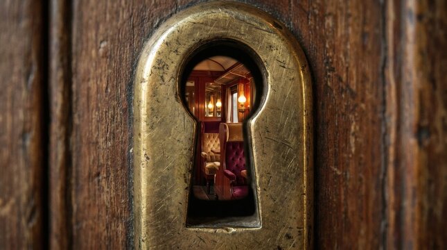Curious View Through Old Brass Keyhole Revealing Luxurious Vintage Train Interior