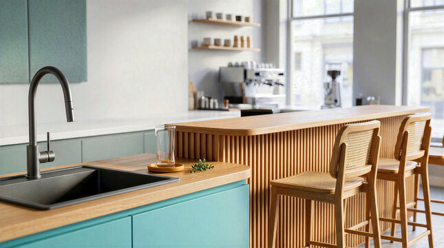 Modern kitchen interior featuring fluted wooden island counter with cane bar stools and turquoise cabinets. Contemporary home interior design with black sink faucet and espresso machine background