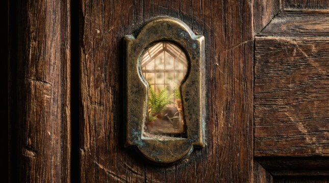 Antique Keyhole on Rustic Wooden Door Revealing Greenhouse with Lush Ferns