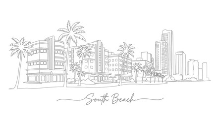 Obraz premium South Beach Skyline Line Art Sketch - Miami Tropical Cityscape Illustration