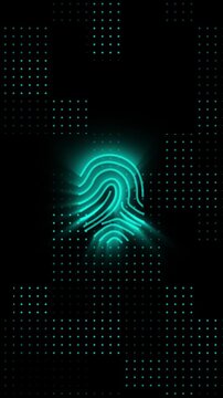 Biometric identity animation grids track a cyan fingerprint graphic past pixel arrays cleanly Information network security systems utilize this modern vector