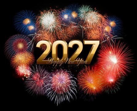 Golden, three-dimensional inscription "Happy New Year 2027" on a black background with a riot of colorful, flashing fireworks