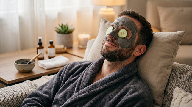 Relaxed man with a facial mask and cucumber slices at home  