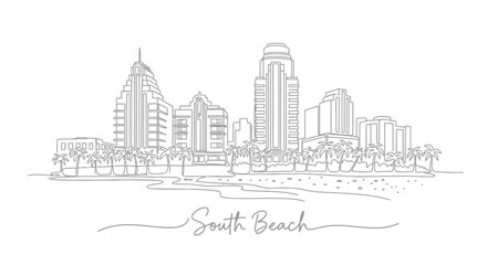 Naklejka premium South Beach Skyline Sketch - Art Deco Architecture & Palm Trees Line Drawing