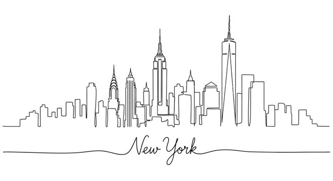 New York City Skyline Sketch: Iconic Buildings, Line Art, White Background