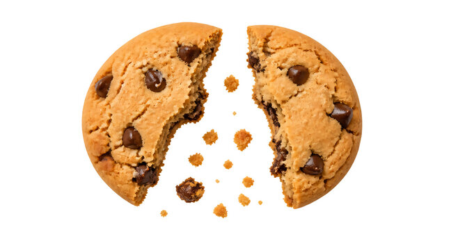 Broken chocolate chip cookie isolated on transparent background