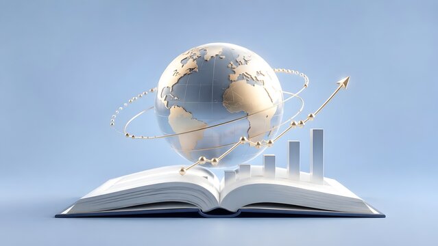 Conceptual 3D illustration of a globe on an open book with rising bar charts and a golden ascending arrow, symbolizing global economic growth, international education, and financial success.