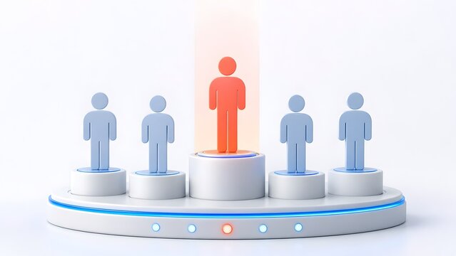 3D rendering of a standout red human figure on a central glowing podium among blue figures, illustrating leadership, recruitment, and unique talent concept.