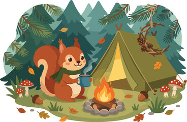 Naklejka premium Cute red squirrel camping in the forest with a warm campfire and a tent in autumn