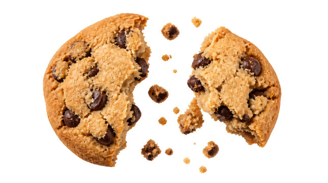 Broken chocolate chip cookie isolated on transparent background
