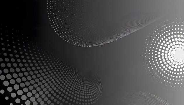 Dark digital halftone dot patterns and abstract wave matrix. Cyber security data grid and technology background. Monochrome glowing particle formations creating a futuristic cyberspace map