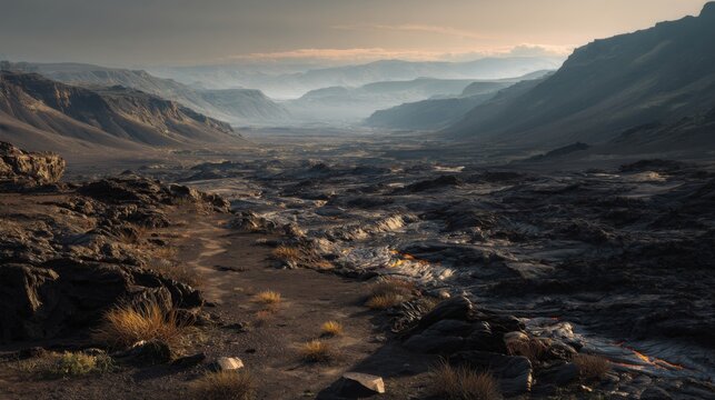 Scenic view of a rugged volcanic valley with hardened lava and mountains in the distance