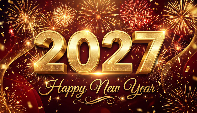 Golden, three-dimensional inscription "Happy New Year 2027" on a black background with a riot of colorful, flashing fireworks