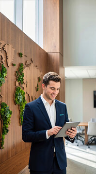 Smiling businessman in dark blue suit using digital tablet in modern corporate office lobby. Caucasian male executive standing near wooden biophilic wall with green moss world map, copy space
