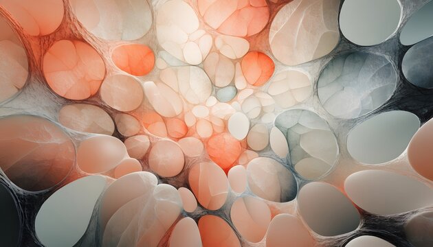 Translucent biological cell membranes and interconnected network webs. Microscopic cellular structures and medical science concepts. Organic cellular chambers glowing with soft peach light