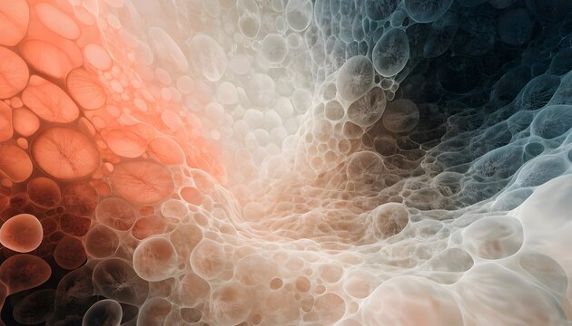 Microscopic cellular tissue formation and biological organism structures. Medical research and biotechnology background. Organic cell networks expanding through an illuminated cavernous space