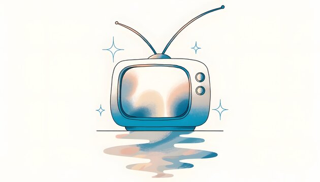 Retro vintage television illustration with colorful glowing screen and sparkles. Old media and nostalgic broadcast concepts. Classic television set with antennas reflecting on a clean surface