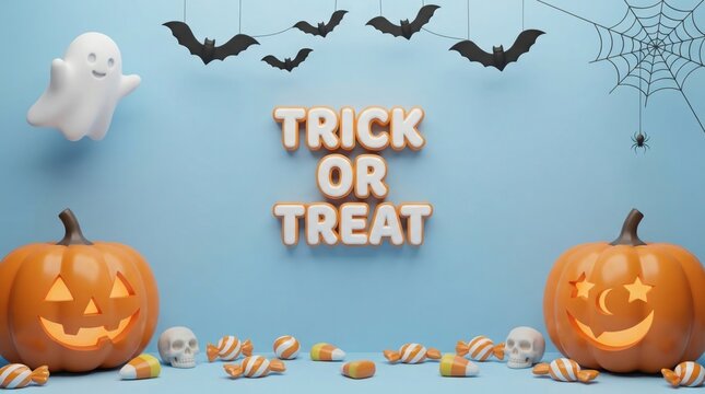 Trick or treat halloween background with pumpkins and spooky bats