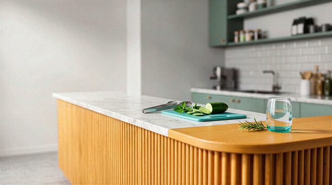 Sliced green cucumber and fresh mint on turquoise cutting board placed on marble kitchen island counter. Healthy food preparation in modern interior with fluted wood base, copy space