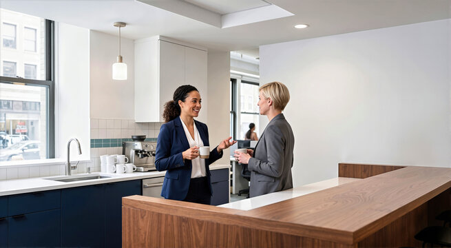 Two professional businesswomen in formal suits holding coffee mugs and talking in modern office kitchen pantry. Corporate female colleagues having friendly work conversation, copy space