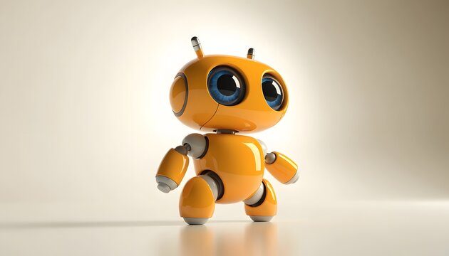 Cute little orange robot standing on a clean studio floor. Artificial intelligence and futuristic technology mascot concepts. Friendly metallic android toy posing with big blue eyes