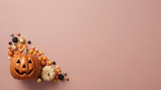 Jack o lantern pumpkin with colorful decorative balls on a soft pink background for halloween