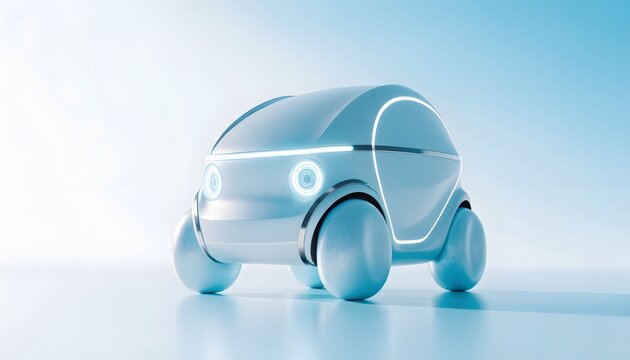 Futuristic electric autonomous micro car with glowing LED lights. Smart city transportation and futuristic vehicle concepts. Compact white driverless car driving on a clean studio floor