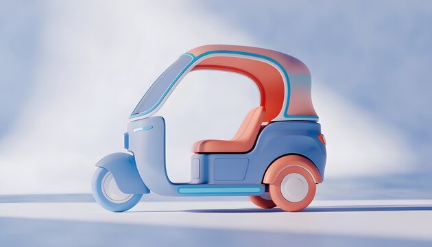 Modern colorful auto rickshaw Tuk Tuk 3D render illustration. Asian public transport and urban commuting concepts. Cute pastel blue and orange electric tricycle parked on a studio floor