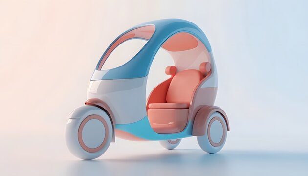 Futuristic electric passenger pod vehicle with modern curved design. Smart urban mobility and eco friendly transportation concepts. Compact pastel passenger trike parked on a clean studio floor