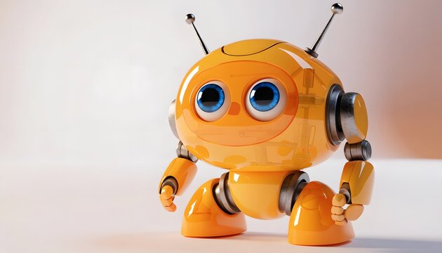Friendly orange robot toy with clear dome head and antennae. Futuristic technology and artificial intelligence concepts. Cute robotic character standing against a clean studio background