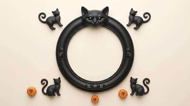 Black cat shaped picture frame surrounded by small cat figurines and orange candy treats on beige background