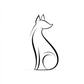 Minimalist black line art drawing of a sitting fox showing graceful posture