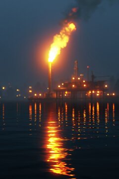 Offshore oil platform flare stack burning at night with reflection on water
