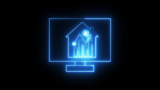 Glowing neon blue color business graph sign icon animation dollar money finance chart arrow report profit diagram investment success sign symbol on black background