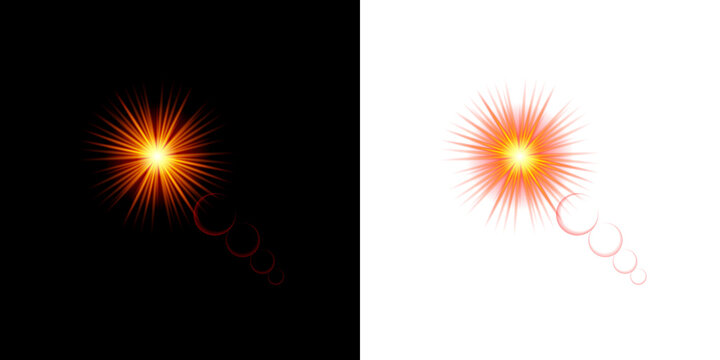 Bright orange starburst lens flare effect on black and white backgrounds