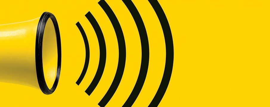 Yellow megaphone or bullhorn with lines over yellow background, business announcement or communication concept