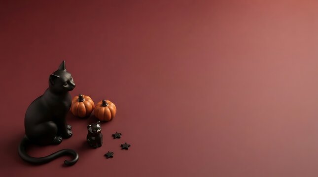 A black cat sitting next to small pumpkins and scattered coffee beans on a dark red background