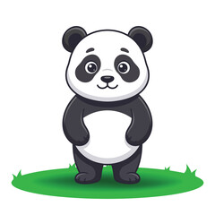 Naklejka premium Cute cartoon panda bear standing on green grass isolated on a white background vector illustration